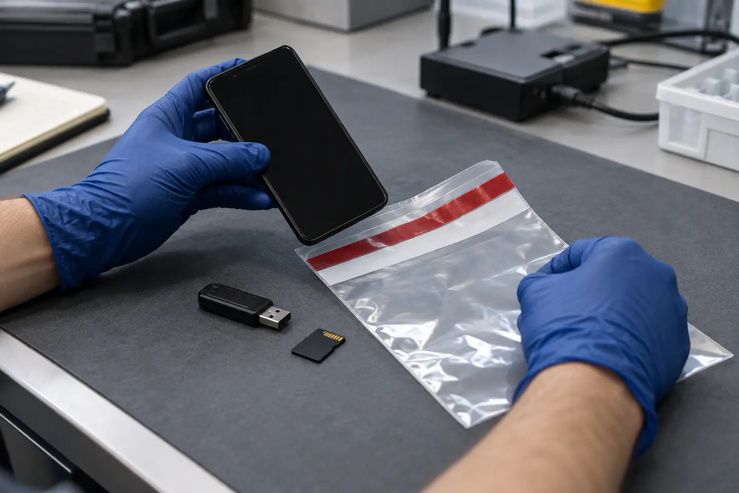 Préparation d’un smartphone et de supports amovibles avant examen technique